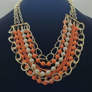 Gold and Orange Statement Necklace - 6 Strands
